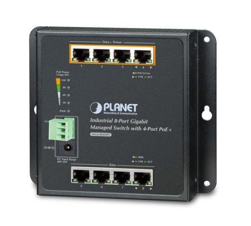 WGS-804HPT индустриальный коммутатор/ IP30, IPv6/IPv4, 8-Port 1000TP Wall-mount Managed Ethernet Switch with 4-Port 802.3AT POE+ (-40 to 75 C), dual redundant power input on 48-56VDC terminal block and power jack, SNMPv3, 802.1Q VLAN, IGMP Snooping, SSL,