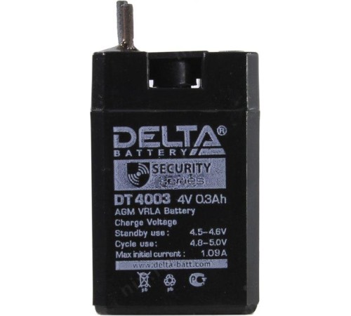 Батарея DELTA серия DT, DT 4003, напряжение 4В, емкость 0.3Ач (разряд 20 часов), макс. ток заряда 0.09А, свинцово-кислотная типа AGM, клеммы вывод под пайку5мм., ДxШxВ 26х21х40мм., 0.045кг., срок службы 5 лет./ Battery DELTA series DT, DT 4003, voltage 4V