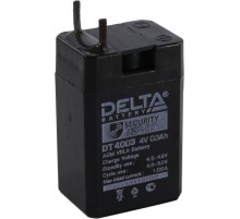 Батарея DELTA серия DT, DT 4003, напряжение 4В, емкость 0.3Ач (разряд 20 часов), макс. ток заряда 0.09А, свинцово-кислотная типа AGM, клеммы вывод под пайку5мм., ДxШxВ 26х21х40мм., 0.045кг., срок службы 5 лет./ Battery DELTA series DT, DT 4003, voltage 4V