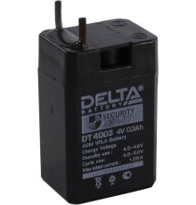 Батарея DELTA серия DT, DT 4003, напряжение 4В, емкость 0.3Ач (разряд 20 часов), макс. ток заряда 0.09А, свинцово-кислотная типа AGM, клеммы вывод под пайку5мм., ДxШxВ 26х21х40мм., 0.045кг., срок службы 5 лет./ Battery DELTA series DT, DT 4003, voltage 4V