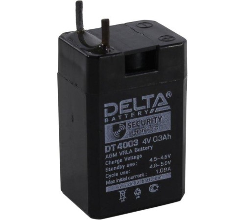 Батарея DELTA серия DT, DT 4003, напряжение 4В, емкость 0.3Ач (разряд 20 часов), макс. ток заряда 0.09А, свинцово-кислотная типа AGM, клеммы вывод под пайку5мм., ДxШxВ 26х21х40мм., 0.045кг., срок службы 5 лет./ Battery DELTA series DT, DT 4003, voltage 4V