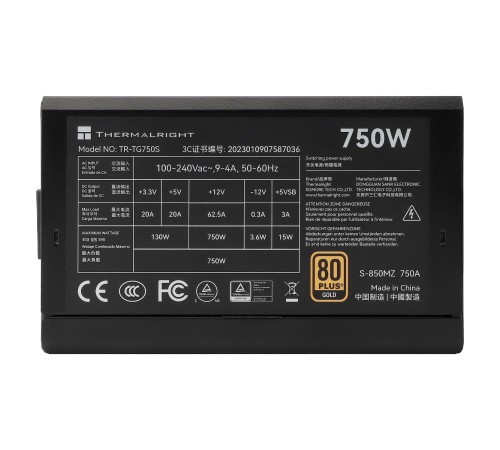 Блок питания ПК/ Power Supply Thermalright, 750W 80+ Gold (ATX, 3.0, PCIe 5.0, Non-modular, 1x24(20+4)pin, 1xCPU 8(4+4)pin, 2xPCIe*2 8(6+2)pin, 5xSATA3, 1x12+4pin (12VHPWR PCIe 5.0 12+4pin 600mm), 3xMOLEX4pin, Active, 120x120mm, 150x140x86mm, APFC, black)