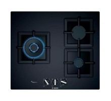 Встраиваемая газовая панель BOSCH Serie 6, газовая варочная панель, 60см,3 конфорки,закаленное стекло, черная,1 WOK-конфорка c 2 контурами пламени, FlameSelect,чугунные решетки, газ-контроль, автоматический электроподжиг, сделано в Испании