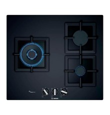 Встраиваемая газовая панель BOSCH Serie 6, газовая варочная панель, 60см,3 конфорки,закаленное стекло, черная,1 WOK-конфорка c 2 контурами пламени, FlameSelect,чугунные решетки, газ-контроль, автоматический электроподжиг, сделано в Испании