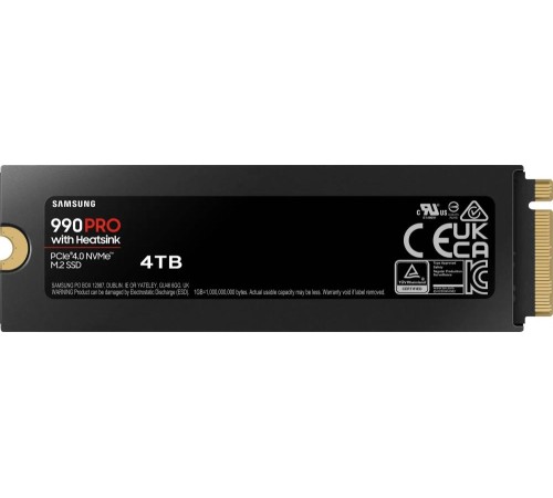 Твердотельный накопитель/ Samsung SSD 990 PRO, 4000GB, M.2(22x80mm), NVMe 2.0, PCIe 4.0 x4, V-NAND TLC, R/W 7450/6900MB/s, IOPs 1 400 000/1 550 000, DRAM buffer 4096MB, TBW 2400, DWPD 0.33, with Heatsink (12 мес.) Твердотельный накопитель/ Samsung SSD 990 PRO, 4000GB, M.2(22x80mm), NVMe 2.0, PCIe 4.0 x4, V-NAND TLC, R/W 7450/6900MB/s, IOPs 1 400 000/1 550 000, DRAM buffer 4096MB, TBW 2400, DWPD 0.33, with Heatsink (12 мес.)