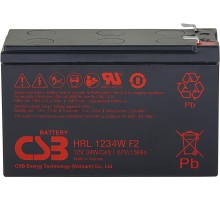 Батарея CSB серия HRL, HRL1234W F2 FR, напряжение 12В, емкость 8.5Ач (разряд 20 часов), 34 Вт/Эл при 15-мин. разряде до U кон. - 1.67 В/Эл при 25 °С, макс. ток разряда (5 сек.) 130А, ток короткого замыкания 367А, макс. ток заряда 3.4A, свинцово-кислотная