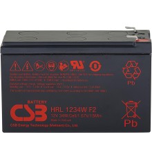 Батарея CSB серия HRL, HRL1234W F2 FR, напряжение 12В, емкость 8.5Ач (разряд 20 часов), 34 Вт/Эл при 15-мин. разряде до U кон. - 1.67 В/Эл при 25 °С, макс. ток разряда (5 сек.) 130А, ток короткого замыкания 367А, макс. ток заряда 3.4A, свинцово-кислотная