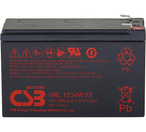 Батарея CSB серия HRL, HRL1234W F2 FR, напряжение 12В, емкость 8.5Ач (разряд 20 часов), 34 Вт/Эл при 15-мин. разряде до U кон. - 1.67 В/Эл при 25 °С, макс. ток разряда (5 сек.) 130А, ток короткого замыкания 367А, макс. ток заряда 3.4A, свинцово-кислотная Батарея CSB серия HRL, HRL1234W F2 FR, напряжение 12В, емкость 8.5Ач (разряд 20 часов), 34 Вт/Эл при 15-мин. разряде до U кон. - 1.67 В/Эл при 25 °С, макс. ток разряда (5 сек.) 130А, ток короткого замыкания 367А, макс. ток заряда 3.4A, свинцово-кислотная