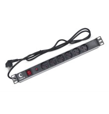  Cabeus PDU-6P-F-2EU Блок евророзеток для 19" шкафов, горизонтальный, 6 розеток, фильтр, 16 A, выключатель, шнур 2м, алюминиевый корпус, немецкий стандарт