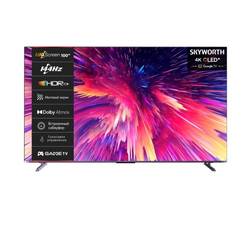 Телевизор ЖК 100'' Skyworth 100", Ultra HD, QLED, 400Nit, Local Dimming Zone 112, Google TV,DVB-T2/C/S2, 2.1.2ch Sound (15W*2 + 5W*2 + 20W SUB) Dolby Atmos, 144Hz, 3 HDMI, 2 USB, Digital Audio Output, LAN, Composite output, CI, металлический корпус и Телевизор ЖК 100'' Skyworth 100", Ultra HD, QLED, 400Nit, Local Dimming Zone 112, Google TV,DVB-T2/C/S2, 2.1.2ch Sound (15W*2 + 5W*2 + 20W SUB) Dolby Atmos, 144Hz, 3 HDMI, 2 USB, Digital Audio Output, LAN, Composite output, CI, металлический корпус и
