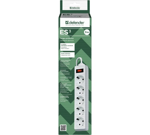 Сетевой фильтр Defender ES 3 3 м, белый, 5 розеток/ Surge Protector Defender ES 3 3m, white, 5 outlets Сетевой фильтр Defender ES 3 3 м, белый, 5 розеток/ Surge Protector Defender ES 3 3m, white, 5 outlets