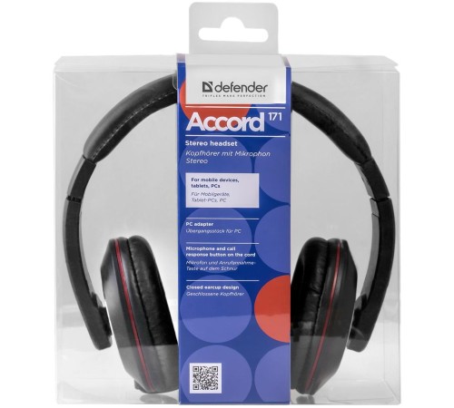 Defender Гарнитура для смартфонов Accord 171 черный, кабель 1,2 м