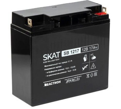 2536 SKAT SB 1217, 12В, 17Ач, максимальный ток заряда 5,1 А. Тип клеммы — B1 (под болт М5 с гайкой). Размер корпуса — 77х180х168. Вес — 4,9 кг. Срок службы — 6 лет. Гарантия - 18 месяцев.
