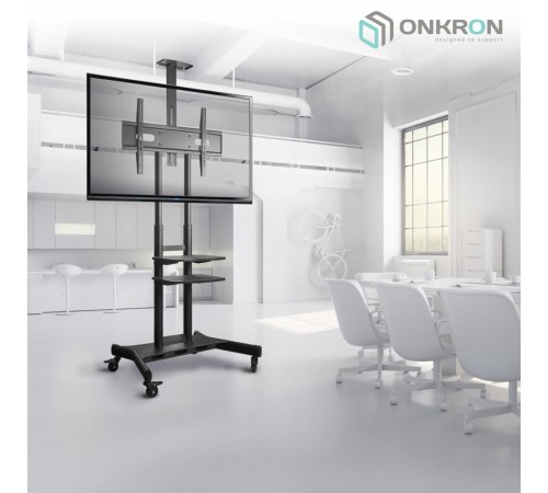 Мобильная стойка ONKRON на 1 ТВ/ 50-86" от 300х100 до 800х500, макс нагр 90,9кг, 2 полки, высота 1350-1650мм, черный Мобильная стойка ONKRON на 1 ТВ/ 50-86" от 300х100 до 800х500, макс нагр 90,9кг, 2 полки, высота 1350-1650мм, черный