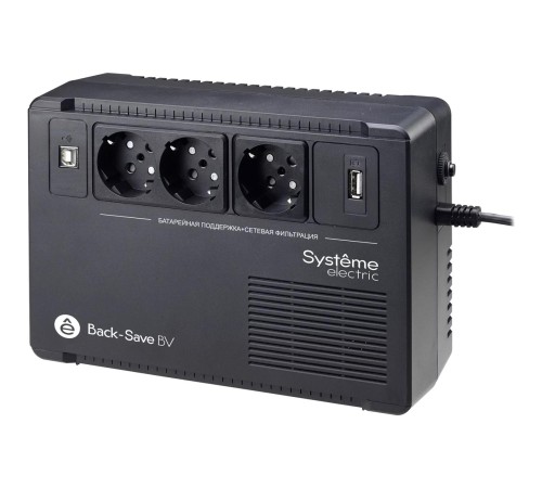 ИБП Systeme Electric Back-Save BV 400 ВА, автоматическая регулировка напряжения, 3 розетки Schuko, 230 В, 1 USB Type-A