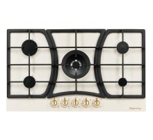 Газовая варочная поверхность Kuppersberg/ Газовая варочная поверхность металл, ширина 90 см, 5 газовых конфорок, WOK конфорка(4,2 кВт), автоподжиг, газ-контроль, чугунные решетки, Коллекция Classic, цвет бежевый/ручки цвета бронза