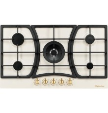 Газовая варочная поверхность Kuppersberg/ Газовая варочная поверхность металл, ширина 90 см, 5 газовых конфорок, WOK конфорка(4,2 кВт), автоподжиг, газ-контроль, чугунные решетки, Коллекция Classic, цвет бежевый/ручки цвета бронза