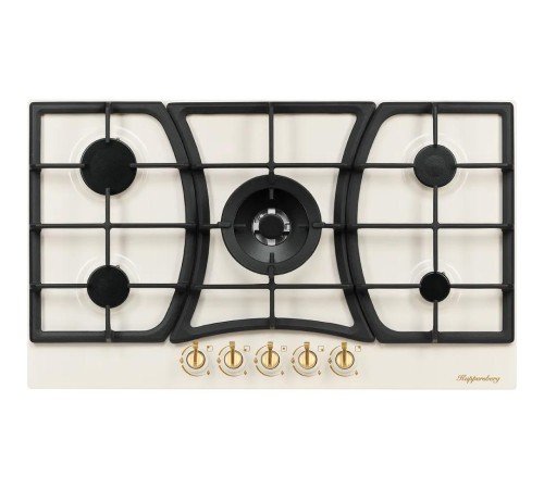 Газовая варочная поверхность Kuppersberg/ Газовая варочная поверхность металл, ширина 90 см, 5 газовых конфорок, WOK конфорка(4,2 кВт), автоподжиг, газ-контроль, чугунные решетки, Коллекция Classic, цвет бежевый/ручки цвета бронза