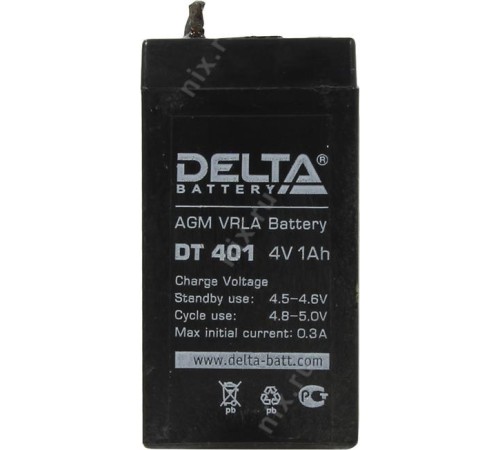 Батарея DELTA серия DT, DT 401, напряжение 4В, емкость 1Ач (разряд 20 часов), макс. ток заряда 0.3А, свинцово-кислотная типа AGM, клеммы вывод под пайку5мм., ДxШxВ 35х22х64мм., 0.1кг., срок службы 5 лет./ Battery DELTA series DT, DT 401, voltage 4V, capac