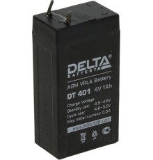 Батарея DELTA серия DT, DT 401, напряжение 4В, емкость 1Ач (разряд 20 часов), макс. ток заряда 0.3А, свинцово-кислотная типа AGM, клеммы вывод под пайку5мм., ДxШxВ 35х22х64мм., 0.1кг., срок службы 5 лет./ Battery DELTA series DT, DT 401, voltage 4V, capac