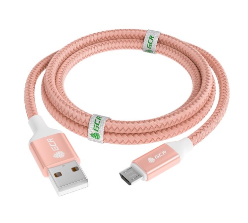 GCR QC Кабель 1.5m MicroUSB, быстрая зарядка, розовый нейлон, AL корпус розовый, белый ПВХ, 28/24 AWG, GCR-52474