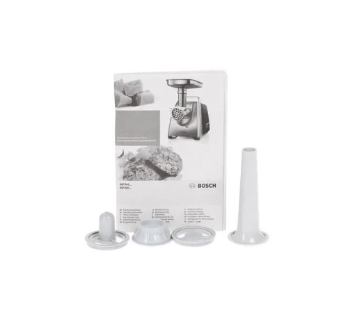 Мясорубка Bosch/ 500/1600Вт, комплект: 2 диска, кебаб, колбаски, цвет: белый/серый фронт Мясорубка Bosch/ 500/1600Вт, комплект: 2 диска, кебаб, колбаски, цвет: белый/серый фронт