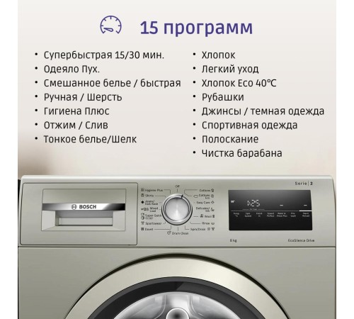 Стиральная машина BOSCH 84.8x59.8x60, фронтальная загрузка, 8 кг, 1200 об/мин,серый металлик, EcoSilenceDrive, панель управления приборов на английском языке Стиральная машина BOSCH 84.8x59.8x60, фронтальная загрузка, 8 кг, 1200 об/мин,серый металлик, EcoSilenceDrive, панель управления приборов на английском языке