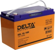 Батарея DELTA серия GEL, GEL 12-100, напряжение 12В, емкость 100Ач (разряд 10 часов),  макс. ток разряда (5 сек.) 900А, макс. ток заряда 20А, свинцово-кислотная типа AGM+GEL, клеммы под болт М6, ДxШxВ 333х173х216мм., вес 32.5кг., LCD, срок службы 10-12 ле