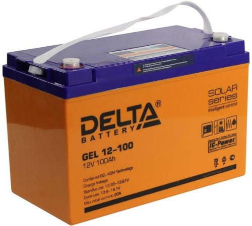 Батарея DELTA серия GEL, GEL 12-100, напряжение 12В, емкость 100Ач (разряд 10 часов),  макс. ток разряда (5 сек.) 900А, макс. ток заряда 20А, свинцово-кислотная типа AGM+GEL, клеммы под болт М6, ДxШxВ 333х173х216мм., вес 32.5кг., LCD, срок службы 10-12 ле