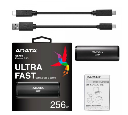 Твердотельный накопитель/ ADATA External SSD SE760, 256GB, Type-C, USB 3.2 Gen2, R/W 1000/800 MB/s, 122x44x14mm, Black (3 года) Твердотельный накопитель/ ADATA External SSD SE760, 256GB, Type-C, USB 3.2 Gen2, R/W 1000/800 MB/s, 122x44x14mm, Black (3 года)
