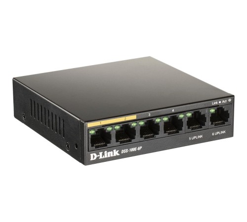 Коммутатор/ DSS-100E-6P Unmanaged Surveillance Switch 6x100Base-TX (4x100Base-TX PoE), Surge 6KV, PoE Budget 55W, Long-range PoE up to 250m, metal case