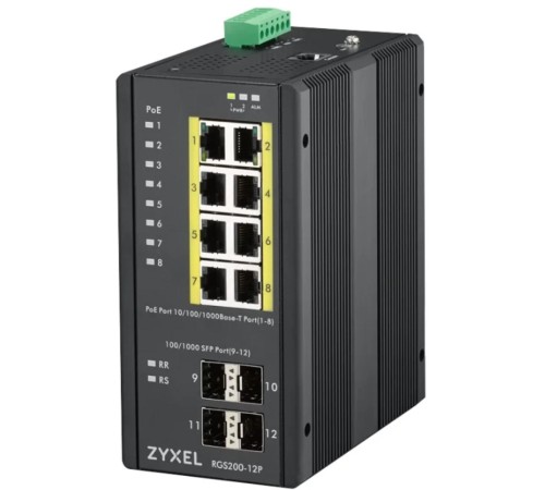 Коммутатор/ ZYXEL RGS200-12P, 12 Port managed PoE Switch, 240 Watt PoE, DIN Rail, IP30, 12-58V DC