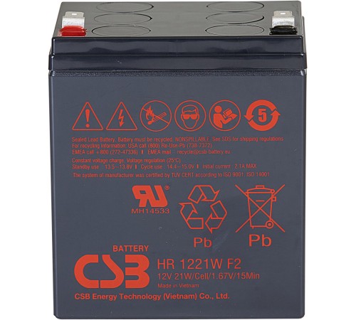 Батарея CSB серия HR, HR1221W F2, напряжение 12В, емкость 5Ач (разряд 20 часов), 21 Вт/Эл при 15-мин. разряде до U кон. - 1.67 В/Эл при 25 °С, макс. ток разряда (5 сек.) 90А, ток короткого замыкания 249А, макс. ток заряда 2.1A, свинцово-кислотная типа AGM Батарея CSB серия HR, HR1221W F2, напряжение 12В, емкость 5Ач (разряд 20 часов), 21 Вт/Эл при 15-мин. разряде до U кон. - 1.67 В/Эл при 25 °С, макс. ток разряда (5 сек.) 90А, ток короткого замыкания 249А, макс. ток заряда 2.1A, свинцово-кислотная типа AGM