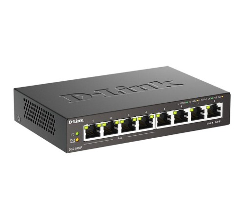 коммутатор D-Link Неуправляемый PoE-коммутатор, 8x1000Base-T (4x1000Base-T PoE), PoE-бюджет 80 Вт, корпус металл
