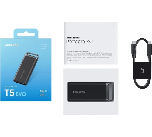 Внешний HDD/SSD/ Samsung External SSD T5 EVO, 2000GB, Type-C, USB 3.2 Gen1, R/W 460/460MB/s, 95x40x17mm, Black (12 мес.) Внешний HDD/SSD/ Samsung External SSD T5 EVO, 2000GB, Type-C, USB 3.2 Gen1, R/W 460/460MB/s, 95x40x17mm, Black (12 мес.)