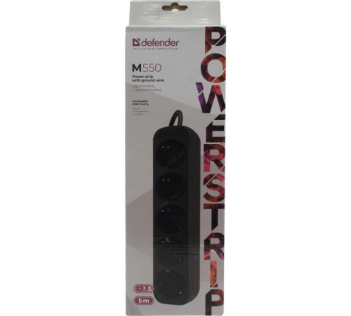 Удлинитель с заземлением Defender M550 5.0 м, 5 розеток, черный/ Power supply grounded Defender M550 5.0 m, 5 outlets, black