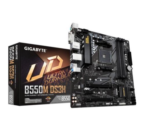 Мат. плата GIGABYTE B550M DS3H, AM4, B550, 4*DDR4, 4*SATA, 2*M.2, 4*USB 3.2, 4*USB 2.0, 2*PCIx16, 1*PCIx1, HDMI+DVI, mATX