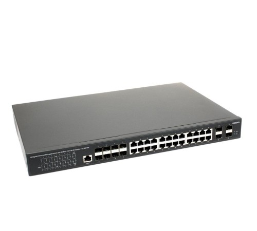 Коммутатор/ OSNOVO Управляемый L3 коммутатор Gb Ethernet на 16xGE RJ-45 + 8xGE Combo (RJ-45 + SFP) + 4x10G SFP+ Uplink. Уровень управления L3 (Full managed), 19" крепление в комплекте. Встроенная грозозащита 3kV.