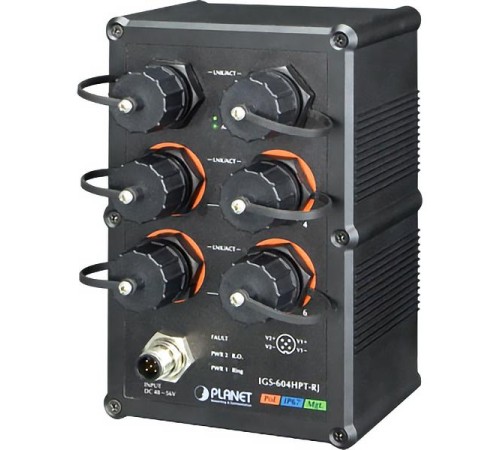 коммутатор/ PLANET IP67-rated Industrial L2+ 4-Port 10/100/1000T 802.3at PoE + 2-Port 10/100/1000T Managed Ethernet Switch(-40~75 degrees C), ERPS Ring, 1588,  6 x waterproof RJ45 connectors included