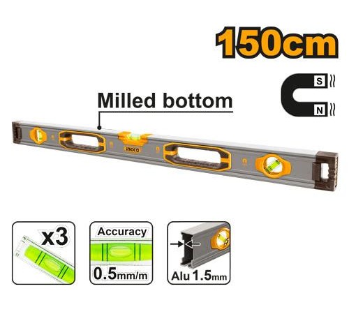 Пузырьковый уровень с мощными магнитами Ingco HSL38150M,150 см, 3 уровня Пузырьковый уровень с мощными магнитами Ingco HSL38150M,150 см, 3 уровня