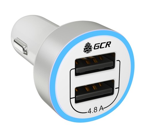 GCR Автомобильное зарядное устройство на 2 USB порта 4.8A, белое, LED индикация, GCR-51984