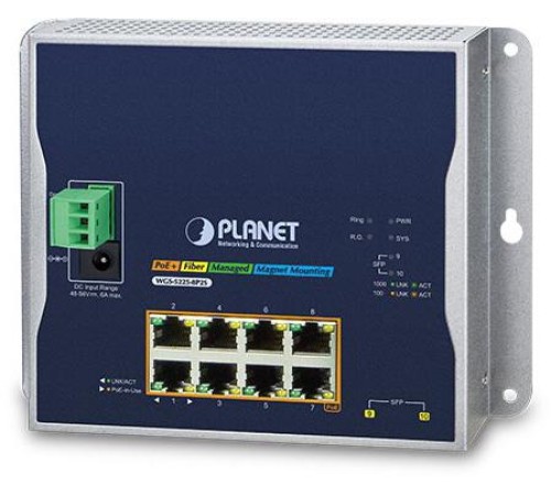 коммутатор/ PLANET WGS-5225-8P2S IP30, IPv6/IPv4, L2+ 8-Port 10/100/1000T 802.3at PoE + 2-Port 1G/2.5G SFP Wall-mount Managed Switch (-40~75 degrees C, dual power input on 48-56VDC terminal block and power jack, ERPS Ring, 1588, Modbus TCP, ONVIF, SNMPv3,