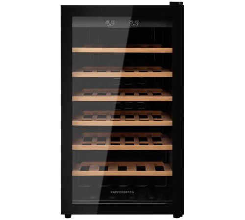 Винный шкаф KUPPERSBERG/ Винный шкаф KUPPERSBERG, отдельностоящий, High-Tech, объем 128 л, вместимость 40 бутылок, диапазон температуры 5-20 градусов, механическое открытие двери, 6 полок из бука, LCD дисплей, уровень шума 38 дБ, цвет черный