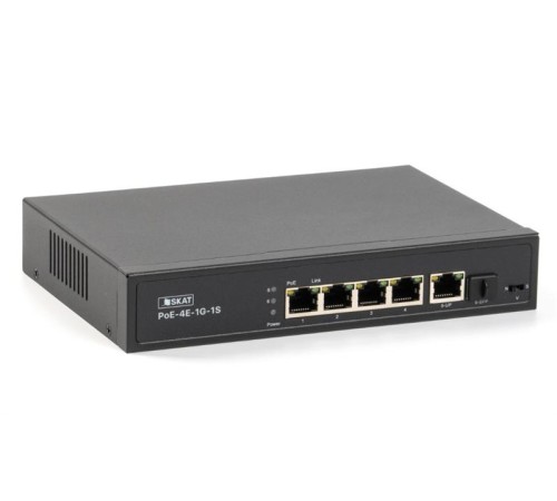 Коммутатор (4084) SKAT PoE-4E-1G-1S коммутатор PoE Plus, мощность 80Вт, порты: 4-Ethernet, 1-Uplink, 1-SFP