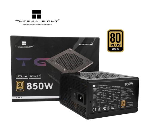 Блок питания ПК/ Power Supply Thermalright, 850W 80+ Gold (ATX, 3.0, PCIe 5.0, Non-modular, 1x24(20+4)pin, 1xCPU 8(4+4)pin, 2xPCIe*2 8(6+2)pin, 5xSATA3, 1x12+4pin (12VHPWR PCIe 5.0 12+4pin 600mm), 3xMOLEX4pin, Active, 120x120mm, 150x140x86mm, APFC, black)