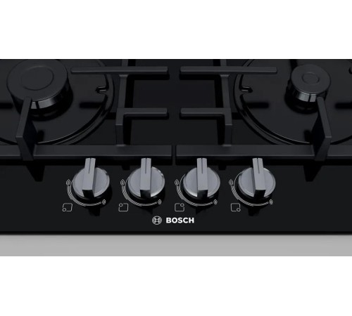 Встраиваемая газовая панель BOSCH Serie 4, газовая варочная панель, 60см, закаленное стекло, черный, 4 конфорки, 1 конфорка WOK c 2 контурами пламени, индивидуальные чугунные решетки, газ-контроль, автоматический электроподжиг, сделано в Испании