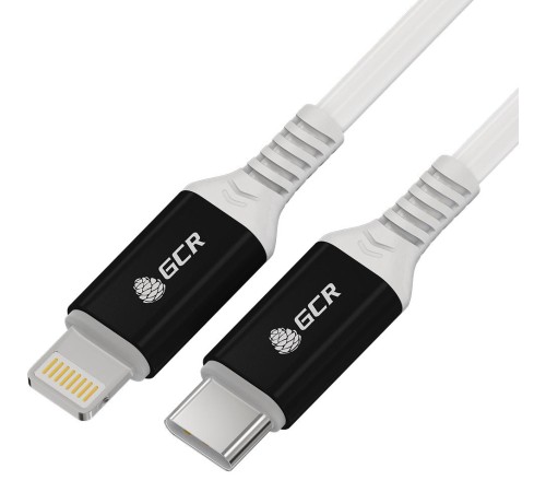 GCR Кабель PREMIUM 1.0m TypeC/Lightning MFI POWER DELIVERY 18 W, быстрая зарядка, белый силикон, AL case черный, белый ПВХ, GCR-53465