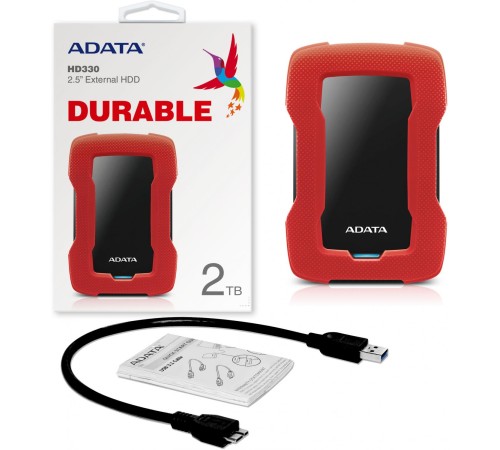 Внешний жесткий диск/ Portable HDD 2TB ADATA HD330 (Red), Silicone, USB 3.2 Gen1, 133x89x16mm, 190g /3 года/