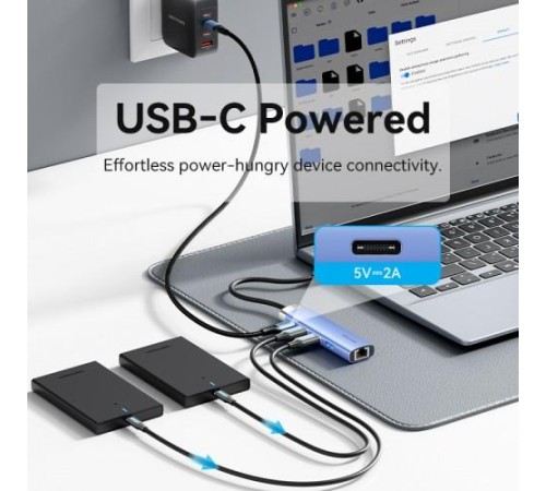 Сетевой адаптер Vention USB 3.0 M/Gigabit Ethernet RJ45+OTG хаб 3xUSB Синий - 0.15м.