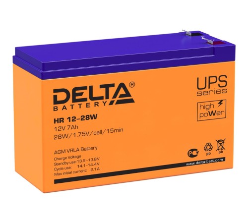 Батарея DELTA серия HR-W, HR 12-28 W, напряжение 12В, емкость 7Ач (разряд 20 часов), макс. ток разряда (5 сек.) 140А, макс. ток заряда 2.1А, свинцово-кислотная типа AGM, клеммы F2, ДxШxВ 151х65х94мм., вес 2.2кг., срок службы 8 лет./ Battery DELTA series Батарея DELTA серия HR-W, HR 12-28 W, напряжение 12В, емкость 7Ач (разряд 20 часов), макс. ток разряда (5 сек.) 140А, макс. ток заряда 2.1А, свинцово-кислотная типа AGM, клеммы F2, ДxШxВ 151х65х94мм., вес 2.2кг., срок службы 8 лет./ Battery DELTA series
